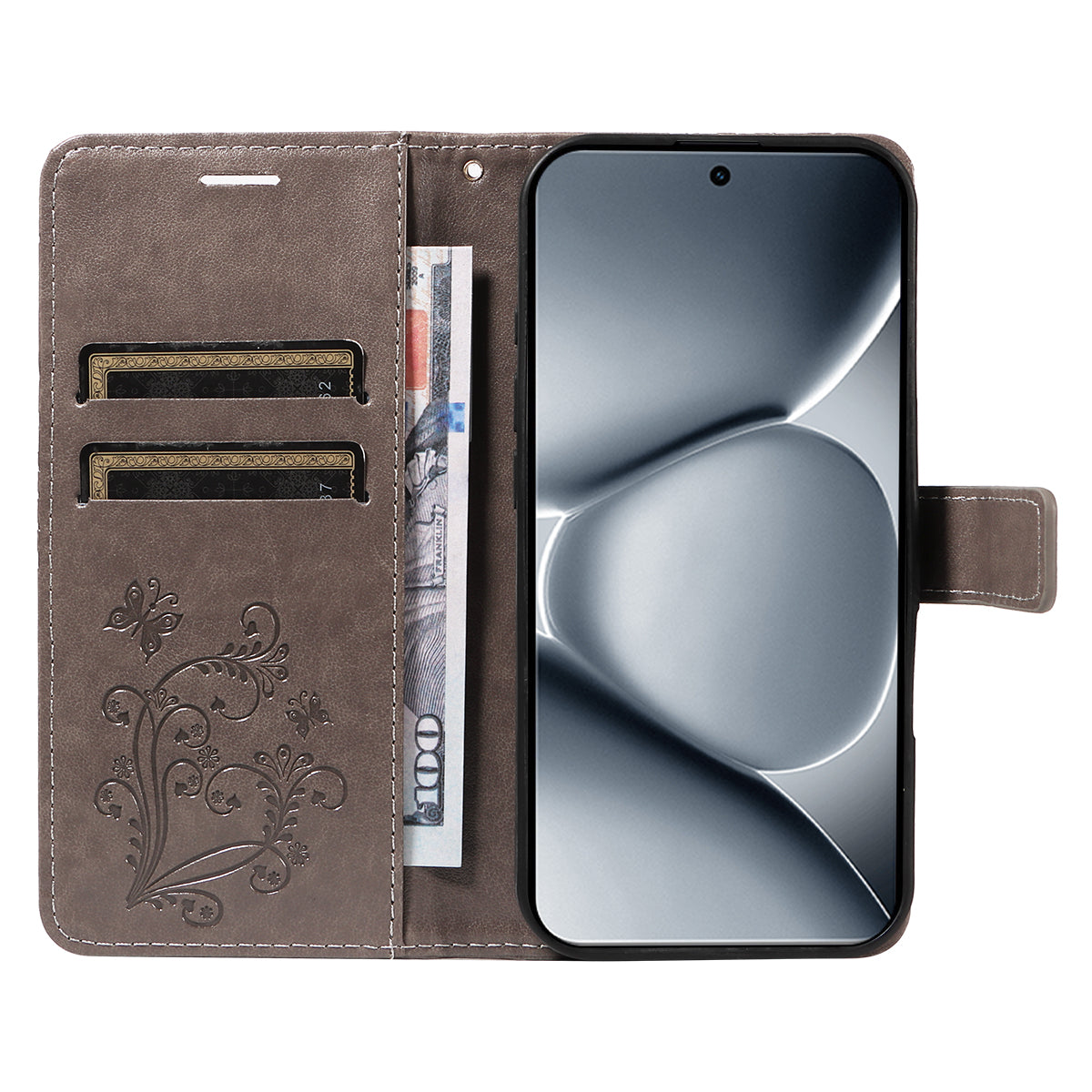 For Xiaomi Poco M8 Pro 5G / Redmi Note 15 Pro+ 5G (Global) Wallet Case Floral Butterfly Imprinted Leather Phone Cover Stand - Grey