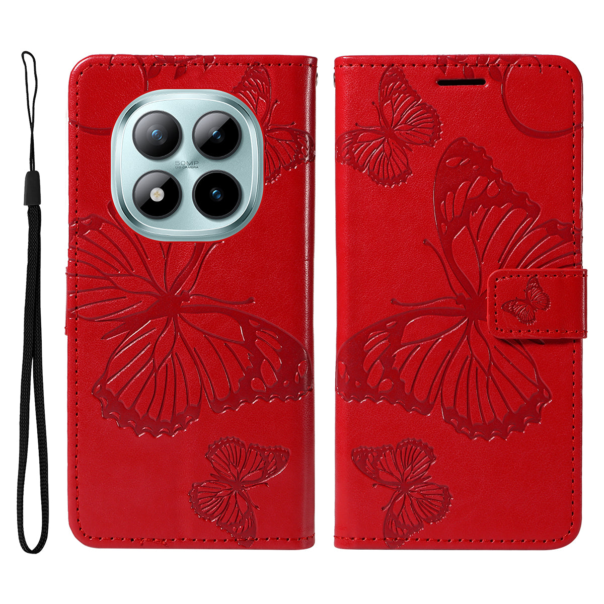 For Xiaomi Poco M8 Pro 5G / Redmi Note 15 Pro+ 5G (Global) Wallet Case Floral Butterfly Imprinted Leather Phone Cover Stand - Red