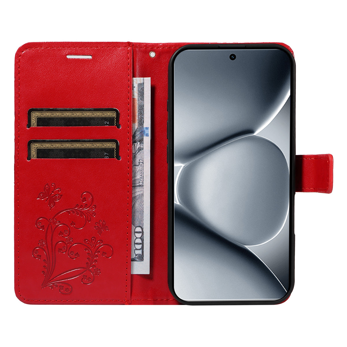 For Xiaomi Poco M8 Pro 5G / Redmi Note 15 Pro+ 5G (Global) Wallet Case Floral Butterfly Imprinted Leather Phone Cover Stand - Red