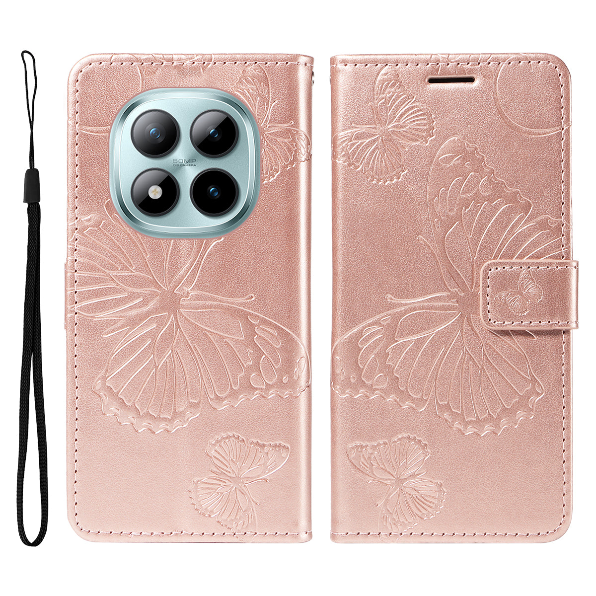 For Xiaomi Poco M8 Pro 5G / Redmi Note 15 Pro+ 5G (Global) Wallet Case Floral Butterfly Imprinted Leather Phone Cover Stand -  Rose Gold