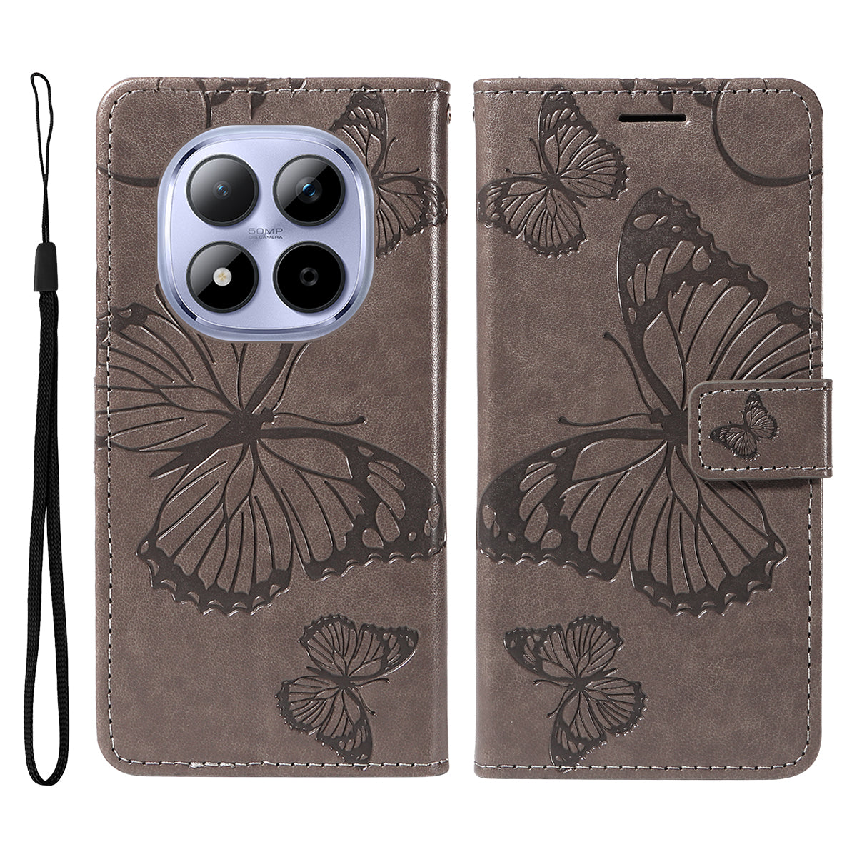 For Xiaomi Redmi Note 15 Pro 5G (Global) Wallet Case Floral Butterfly Imprinted Leather Phone Cover Stand - Grey