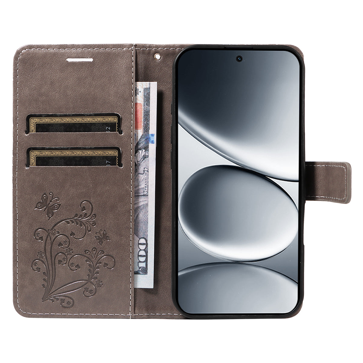 For Xiaomi Redmi Note 15 Pro 5G (Global) Wallet Case Floral Butterfly Imprinted Leather Phone Cover Stand - Grey