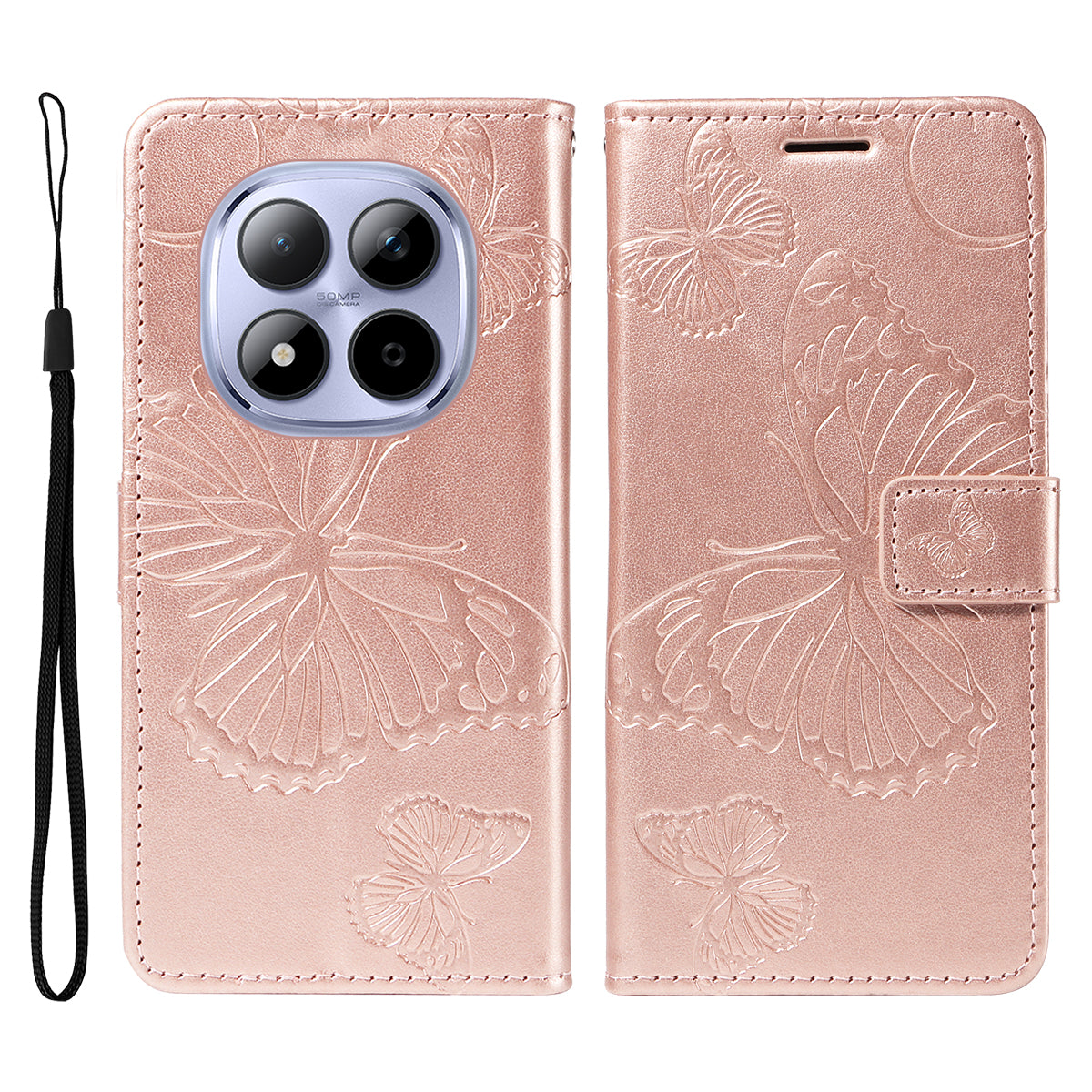 For Xiaomi Redmi Note 15 Pro 5G (Global) Wallet Case Floral Butterfly Imprinted Leather Phone Cover Stand -  Rose Gold