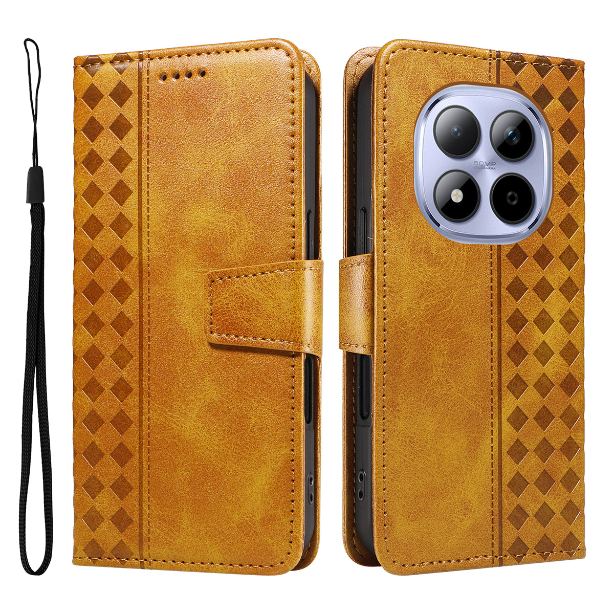 For Xiaomi Redmi Note 15 Pro 5G (Global) Leather Case Wallet Stand Grids Imprinted Phone Cover with Strap - Yellow