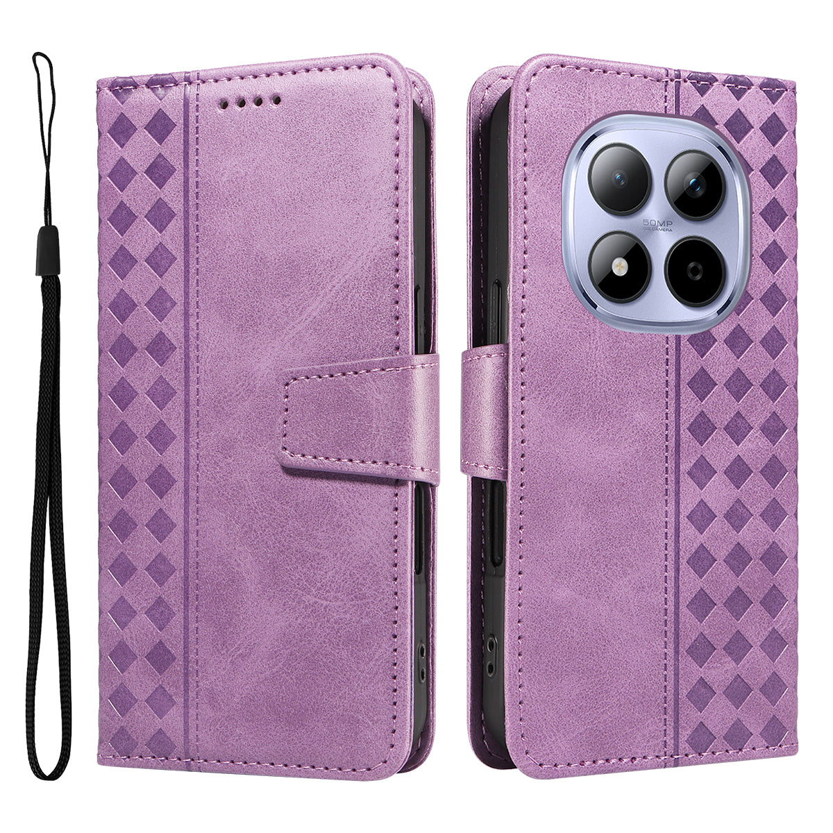 For Xiaomi Redmi Note 15 Pro 5G (Global) Leather Case Wallet Stand Grids Imprinted Phone Cover with Strap - Light Purple