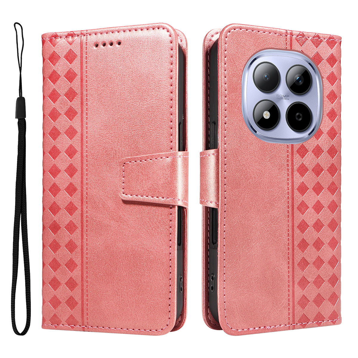 For Xiaomi Redmi Note 15 Pro 5G (Global) Leather Case Wallet Stand Grids Imprinted Phone Cover with Strap - Rose Gold