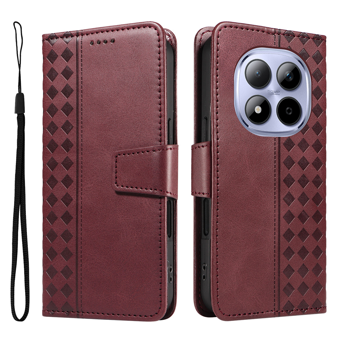 For Xiaomi Redmi Note 15 Pro 5G (Global) Leather Case Wallet Stand Grids Imprinted Phone Cover with Strap -  Wine Red