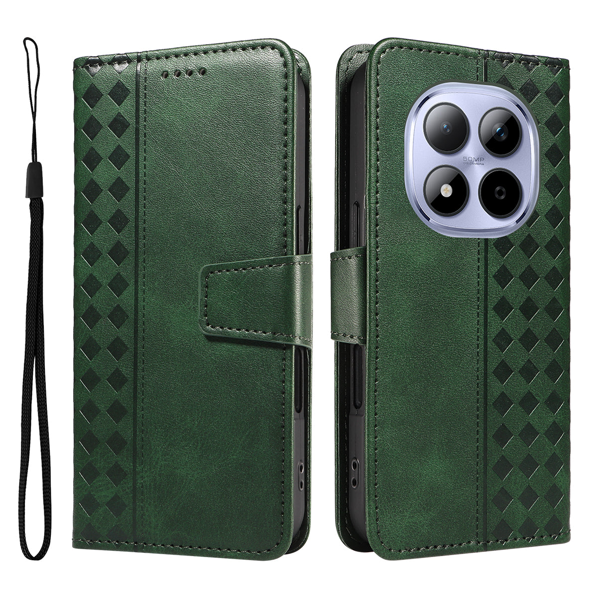 For Xiaomi Redmi Note 15 Pro 5G (Global) Leather Case Wallet Stand Grids Imprinted Phone Cover with Strap - Green