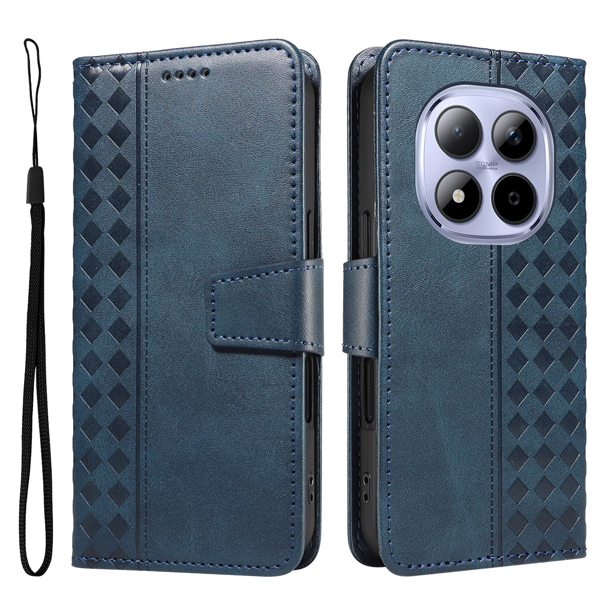 For Xiaomi Redmi Note 15 Pro 5G (Global) Leather Case Wallet Stand Grids Imprinted Phone Cover with Strap - Blue