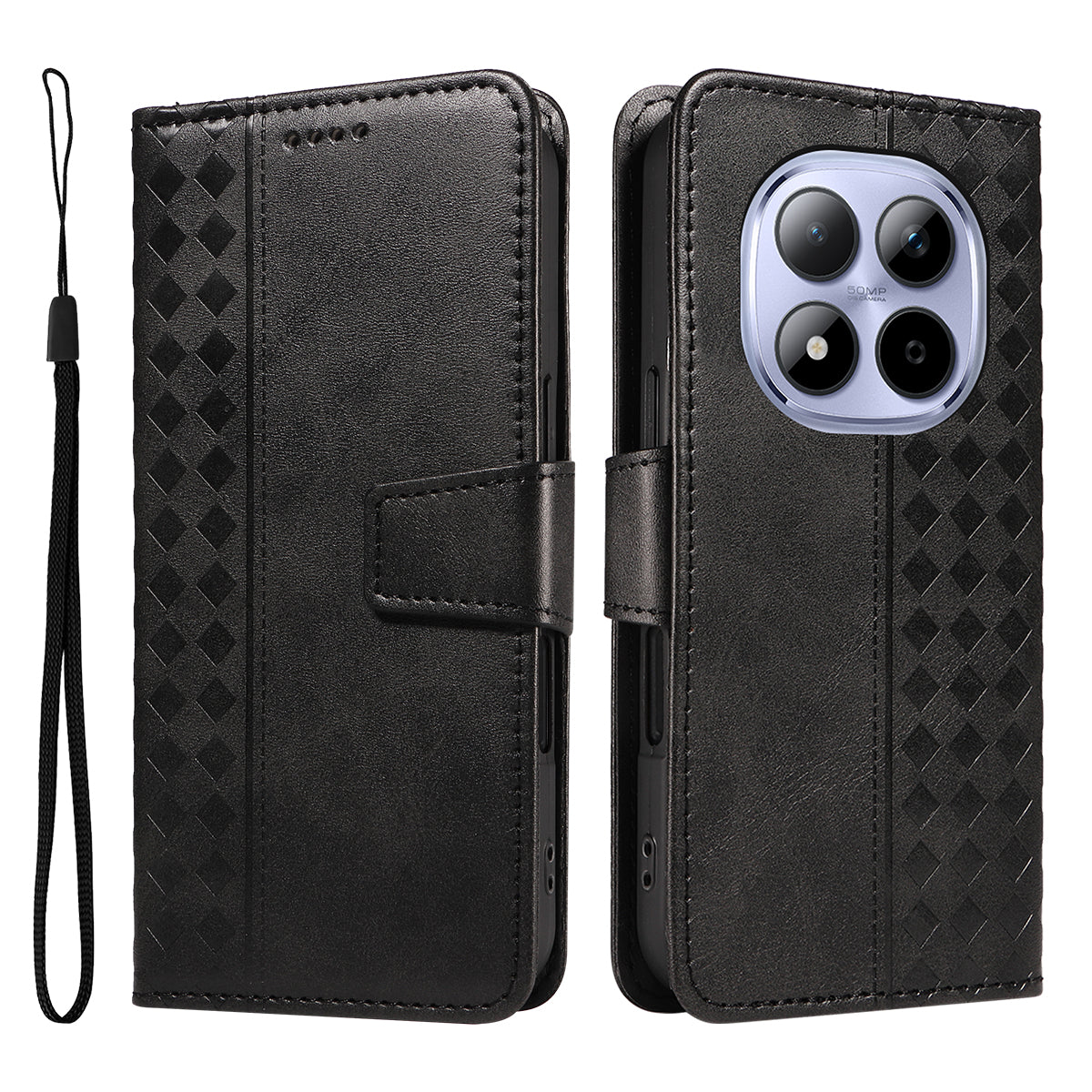 For Xiaomi Redmi Note 15 Pro 5G (Global) Leather Case Wallet Stand Grids Imprinted Phone Cover with Strap - Black