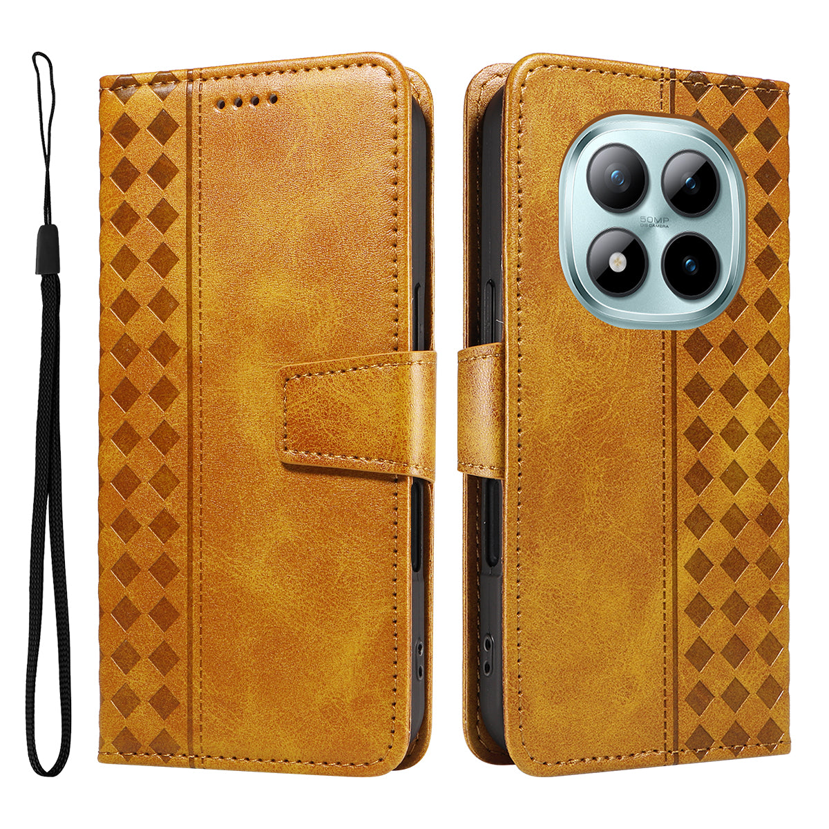 For Xiaomi Poco M8 Pro 5G / Redmi Note 15 Pro+ 5G (Global) Leather Case Wallet Stand Grids Imprinted Phone Cover with Strap - Yellow