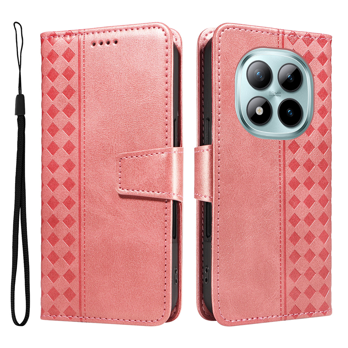 For Xiaomi Poco M8 Pro 5G / Redmi Note 15 Pro+ 5G (Global) Leather Case Wallet Stand Grids Imprinted Phone Cover with Strap - Rose Gold