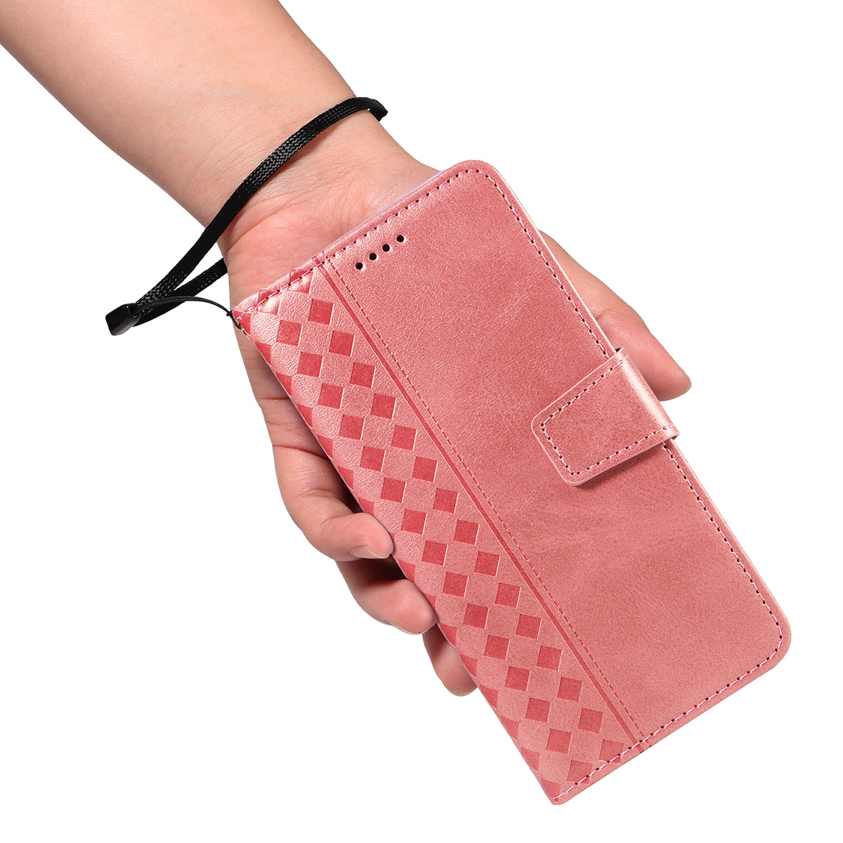 For Xiaomi Poco M8 Pro 5G / Redmi Note 15 Pro+ 5G (Global) Leather Case Wallet Stand Grids Imprinted Phone Cover with Strap - Rose Gold
