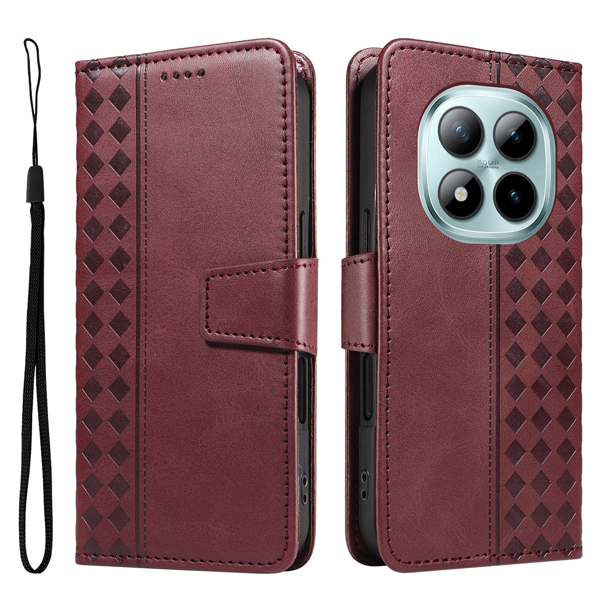 For Xiaomi Poco M8 Pro 5G / Redmi Note 15 Pro+ 5G (Global) Leather Case Wallet Stand Grids Imprinted Phone Cover with Strap -  Wine Red