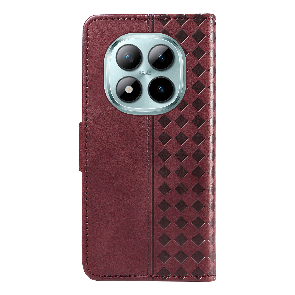For Xiaomi Poco M8 Pro 5G / Redmi Note 15 Pro+ 5G (Global) Leather Case Wallet Stand Grids Imprinted Phone Cover with Strap -  Wine Red