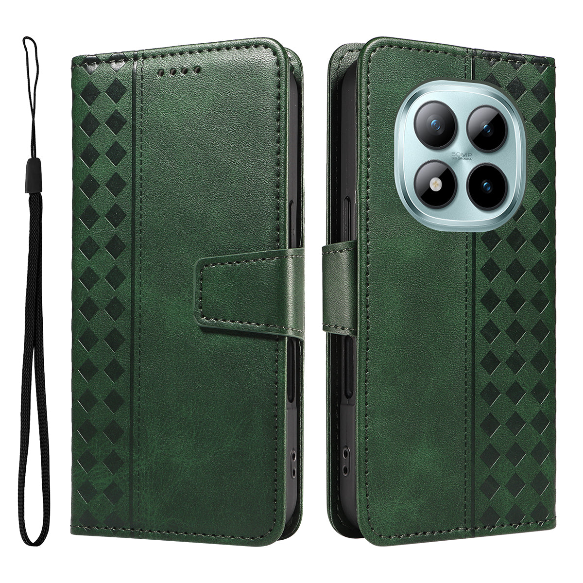 For Xiaomi Poco M8 Pro 5G / Redmi Note 15 Pro+ 5G (Global) Leather Case Wallet Stand Grids Imprinted Phone Cover with Strap - Green
