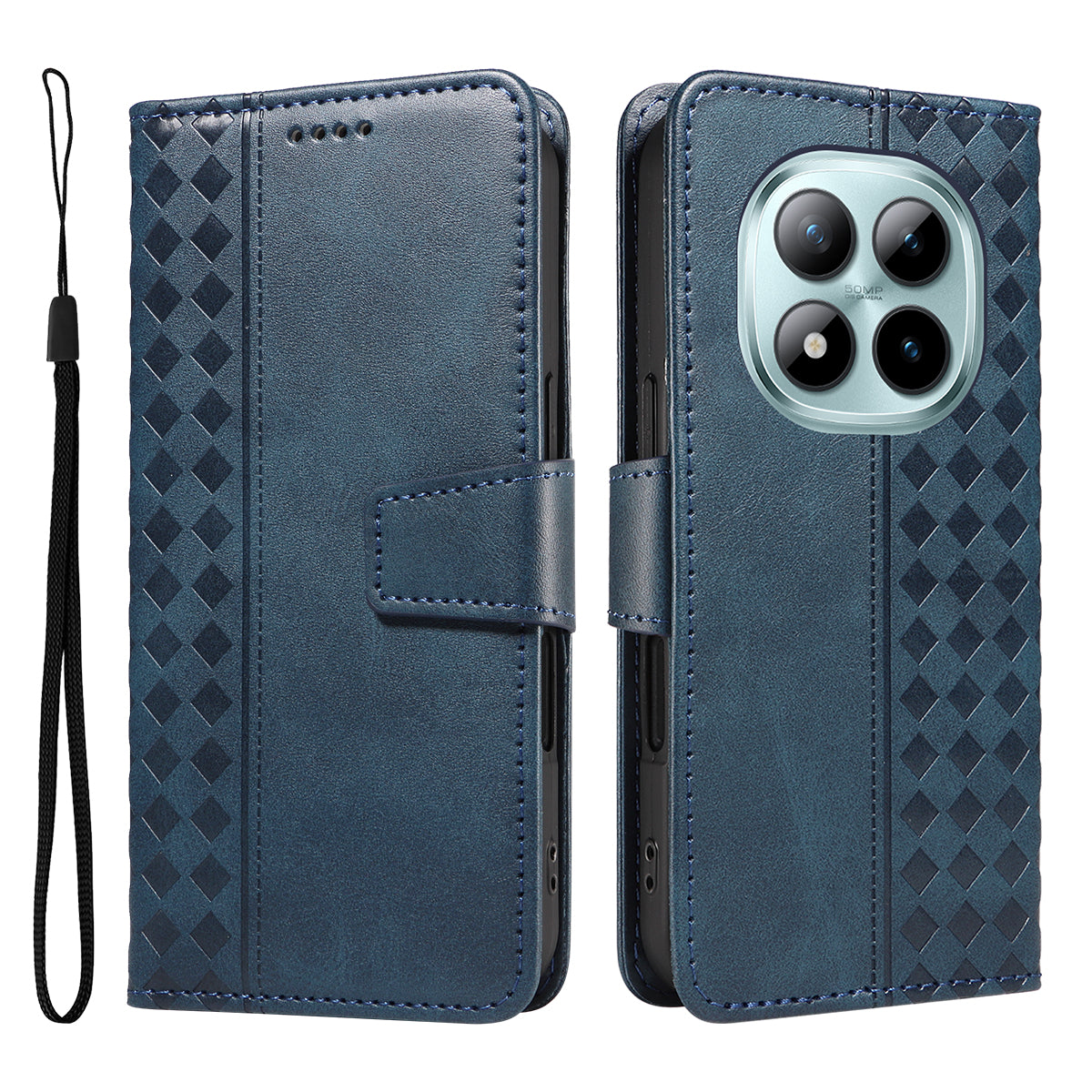 For Xiaomi Poco M8 Pro 5G / Redmi Note 15 Pro+ 5G (Global) Leather Case Wallet Stand Grids Imprinted Phone Cover with Strap - Blue