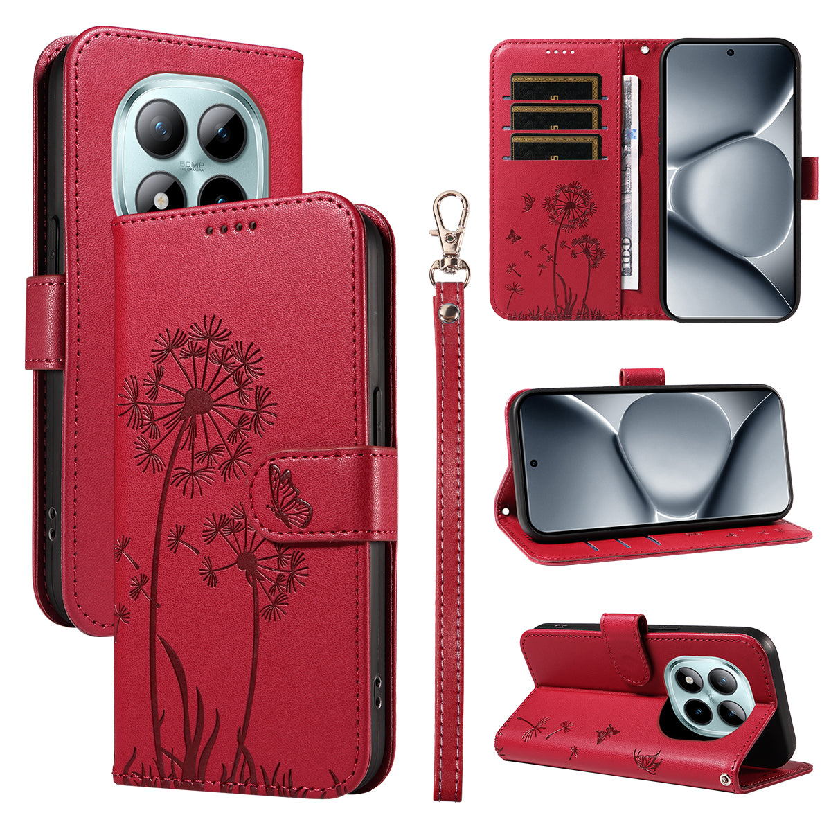 For Xiaomi Poco M8 Pro 5G / Redmi Note 15 Pro+ 5G (Global) Leather Wallet Case with Strap Dandelion Imprint Phone Stand Cover - Red