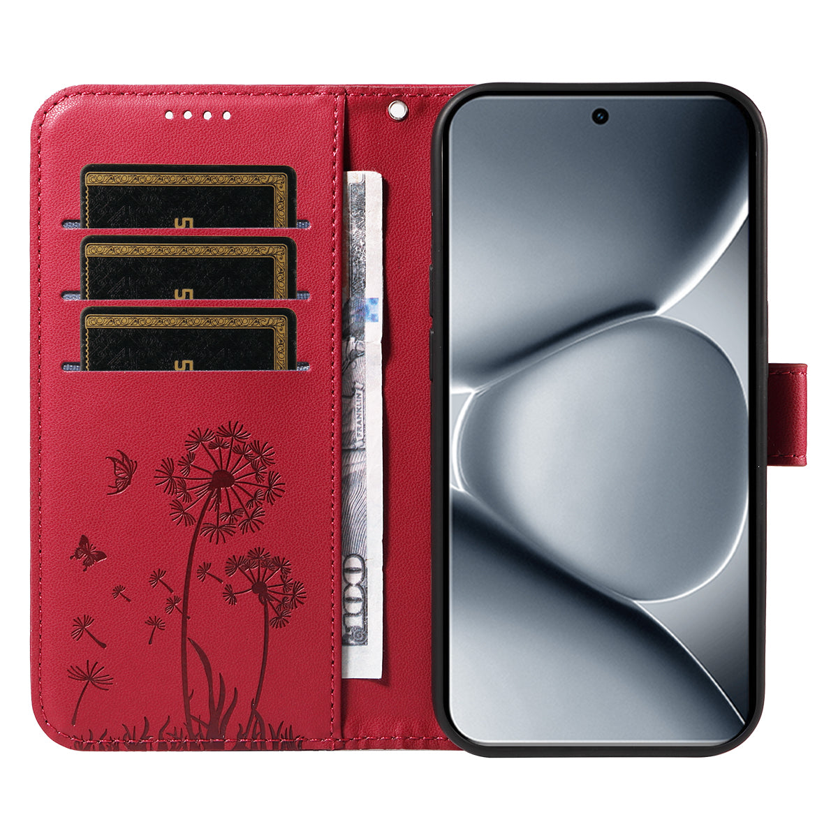 For Xiaomi Poco M8 Pro 5G / Redmi Note 15 Pro+ 5G (Global) Leather Wallet Case with Strap Dandelion Imprint Phone Stand Cover - Red
