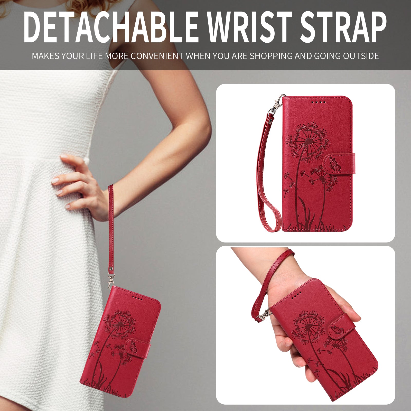 For Xiaomi Poco M8 Pro 5G / Redmi Note 15 Pro+ 5G (Global) Leather Wallet Case with Strap Dandelion Imprint Phone Stand Cover - Red