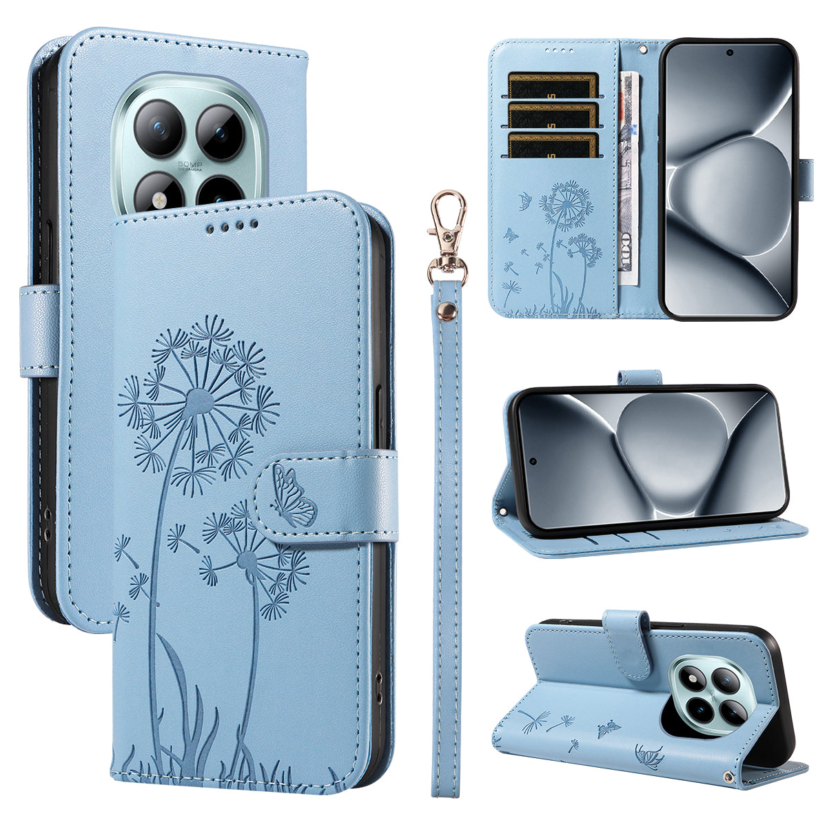 For Xiaomi Poco M8 Pro 5G / Redmi Note 15 Pro+ 5G (Global) Leather Wallet Case with Strap Dandelion Imprint Phone Stand Cover - Sky Blue