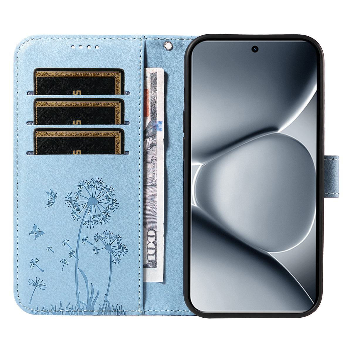 For Xiaomi Poco M8 Pro 5G / Redmi Note 15 Pro+ 5G (Global) Leather Wallet Case with Strap Dandelion Imprint Phone Stand Cover - Sky Blue
