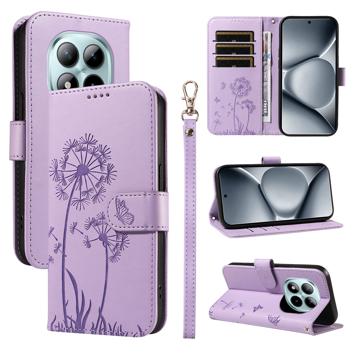 For Xiaomi Poco M8 Pro 5G / Redmi Note 15 Pro+ 5G (Global) Leather Wallet Case with Strap Dandelion Imprint Phone Stand Cover - Purple
