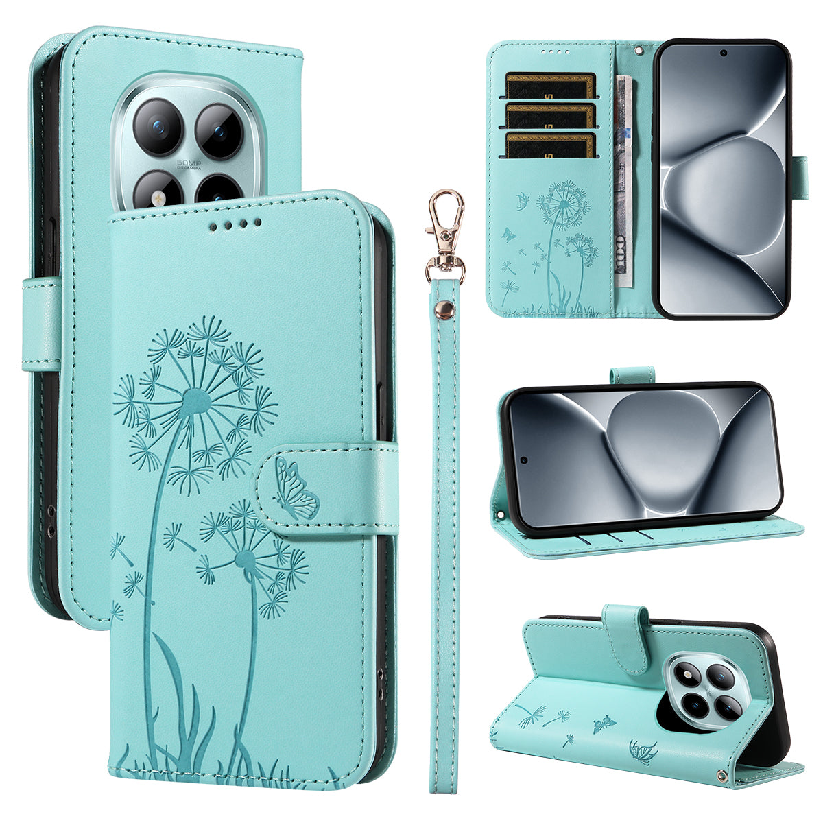 For Xiaomi Poco M8 Pro 5G / Redmi Note 15 Pro+ 5G (Global) Leather Wallet Case with Strap Dandelion Imprint Phone Stand Cover - Green