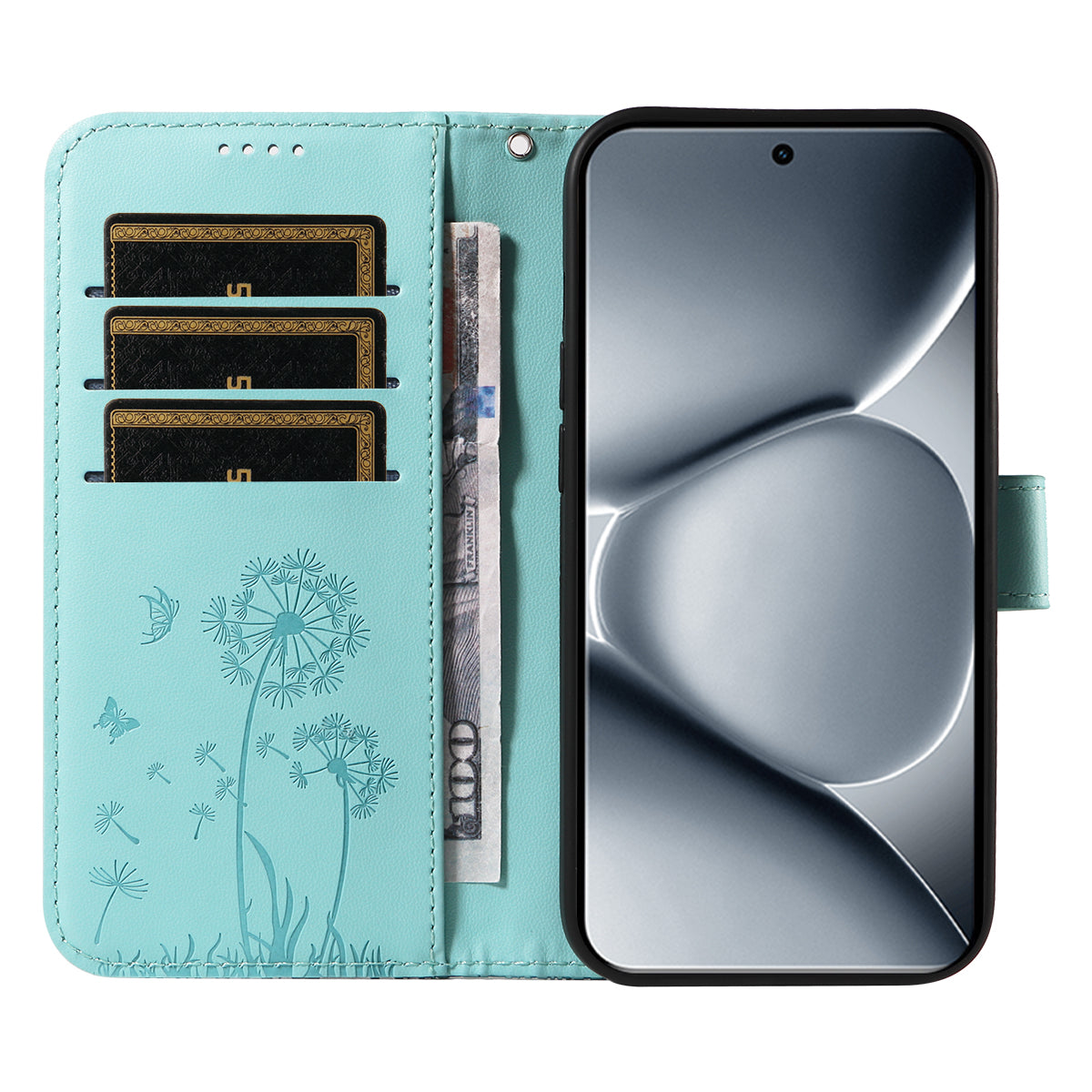 For Xiaomi Poco M8 Pro 5G / Redmi Note 15 Pro+ 5G (Global) Leather Wallet Case with Strap Dandelion Imprint Phone Stand Cover - Green