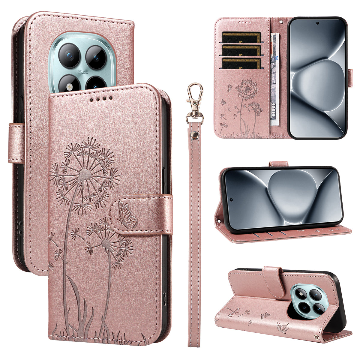 For Xiaomi Poco M8 Pro 5G / Redmi Note 15 Pro+ 5G (Global) Leather Wallet Case with Strap Dandelion Imprint Phone Stand Cover - Rose Gold