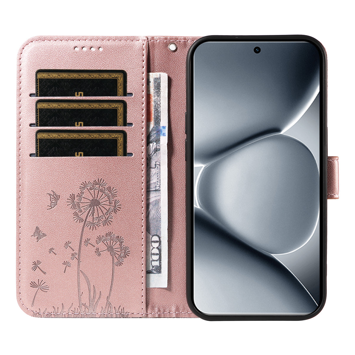For Xiaomi Poco M8 Pro 5G / Redmi Note 15 Pro+ 5G (Global) Leather Wallet Case with Strap Dandelion Imprint Phone Stand Cover - Rose Gold