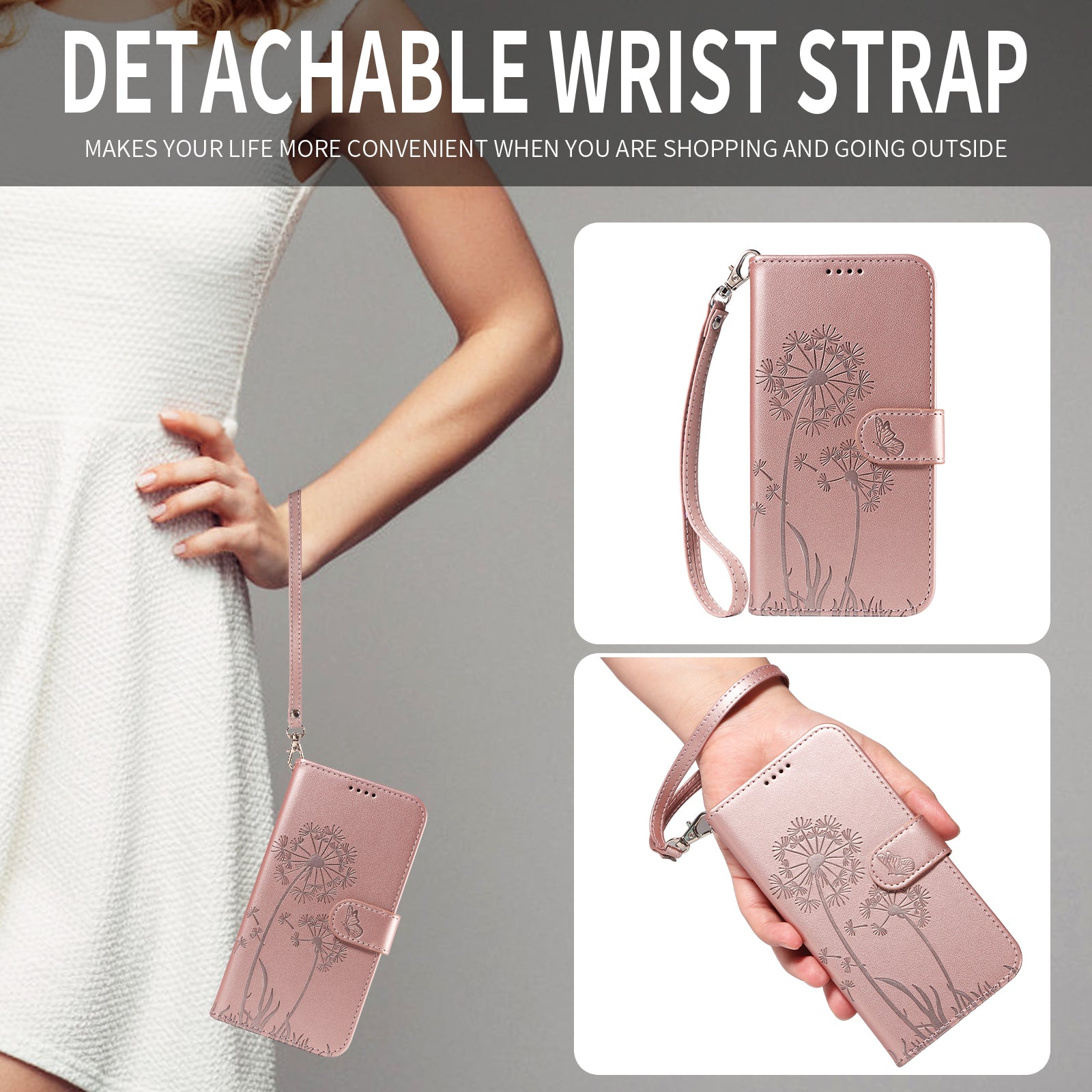For Xiaomi Poco M8 Pro 5G / Redmi Note 15 Pro+ 5G (Global) Leather Wallet Case with Strap Dandelion Imprint Phone Stand Cover - Rose Gold