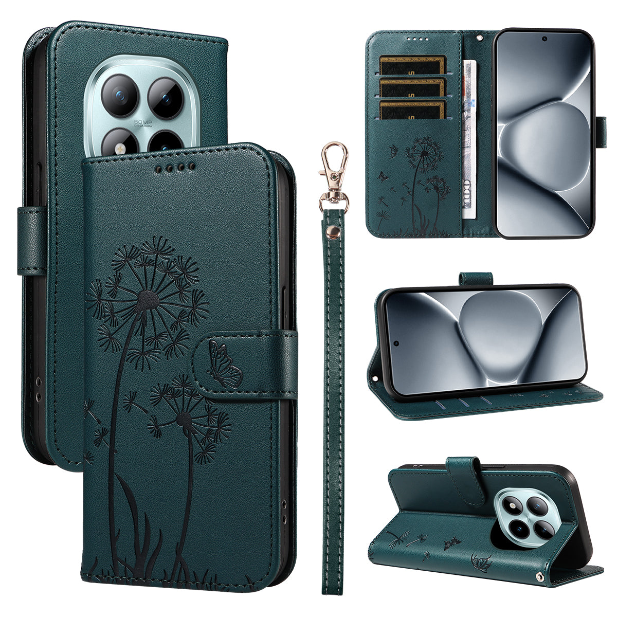 For Xiaomi Poco M8 Pro 5G / Redmi Note 15 Pro+ 5G (Global) Leather Wallet Case with Strap Dandelion Imprint Phone Stand Cover - Blue