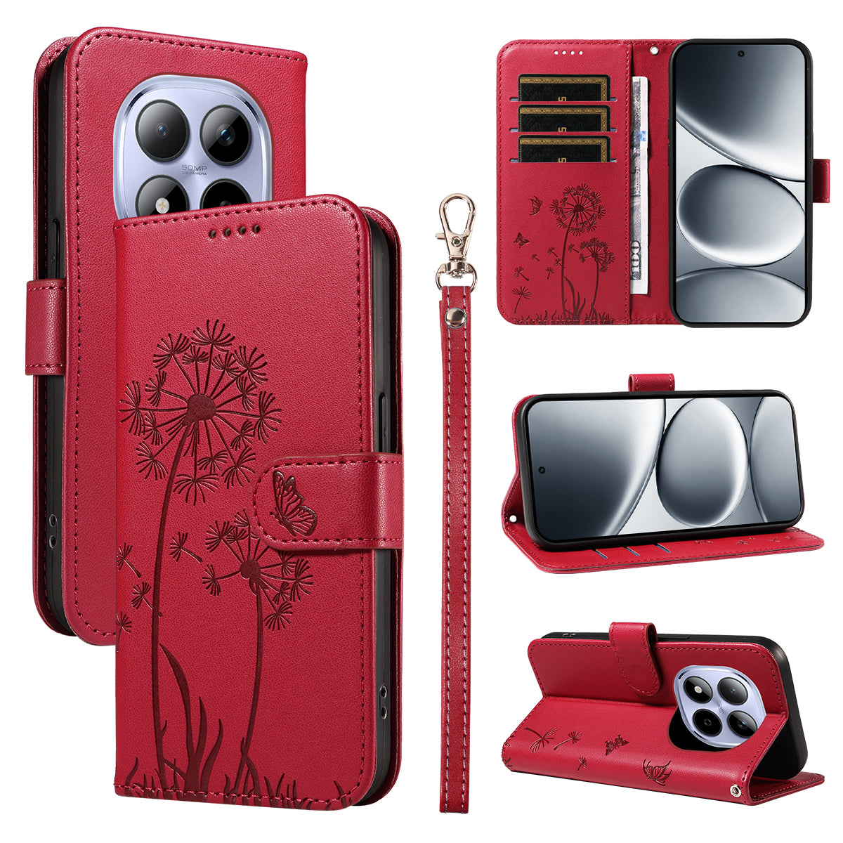 For Xiaomi Redmi Note 15 Pro 5G (Global) Leather Wallet Case with Strap Dandelion Imprint Phone Stand Cover - Red