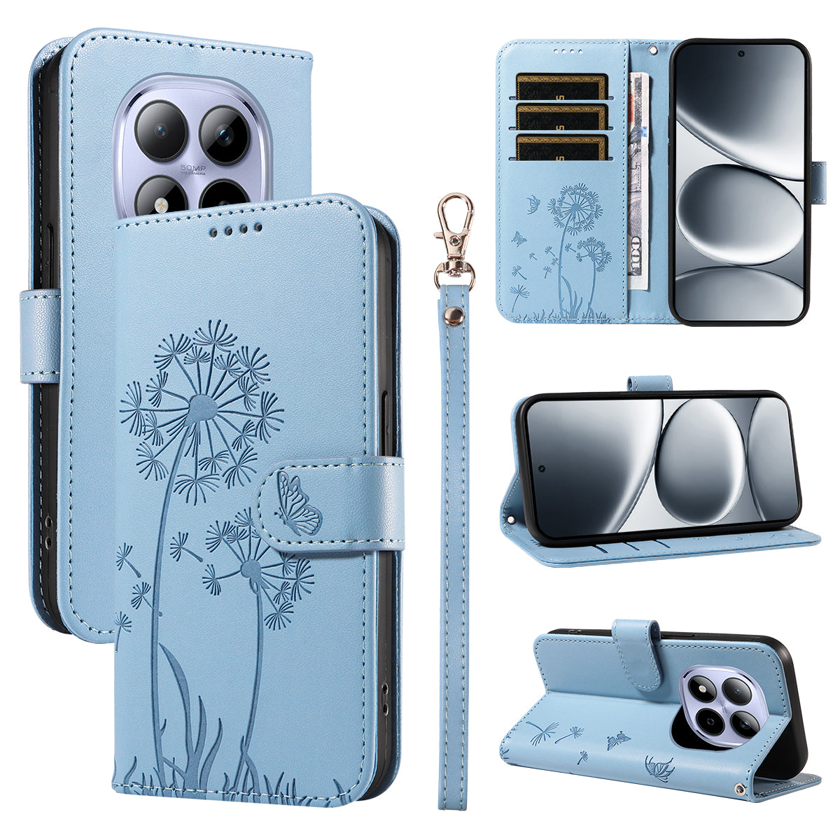 For Xiaomi Redmi Note 15 Pro 5G (Global) Leather Wallet Case with Strap Dandelion Imprint Phone Stand Cover - Sky Blue