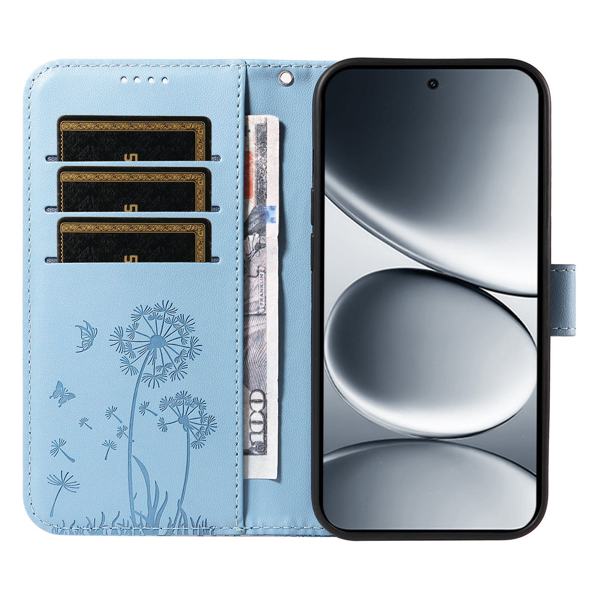 For Xiaomi Redmi Note 15 Pro 5G (Global) Leather Wallet Case with Strap Dandelion Imprint Phone Stand Cover - Sky Blue