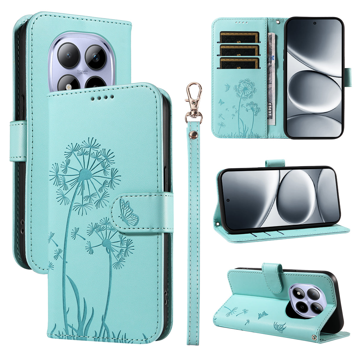 For Xiaomi Redmi Note 15 Pro 5G (Global) Leather Wallet Case with Strap Dandelion Imprint Phone Stand Cover - Green