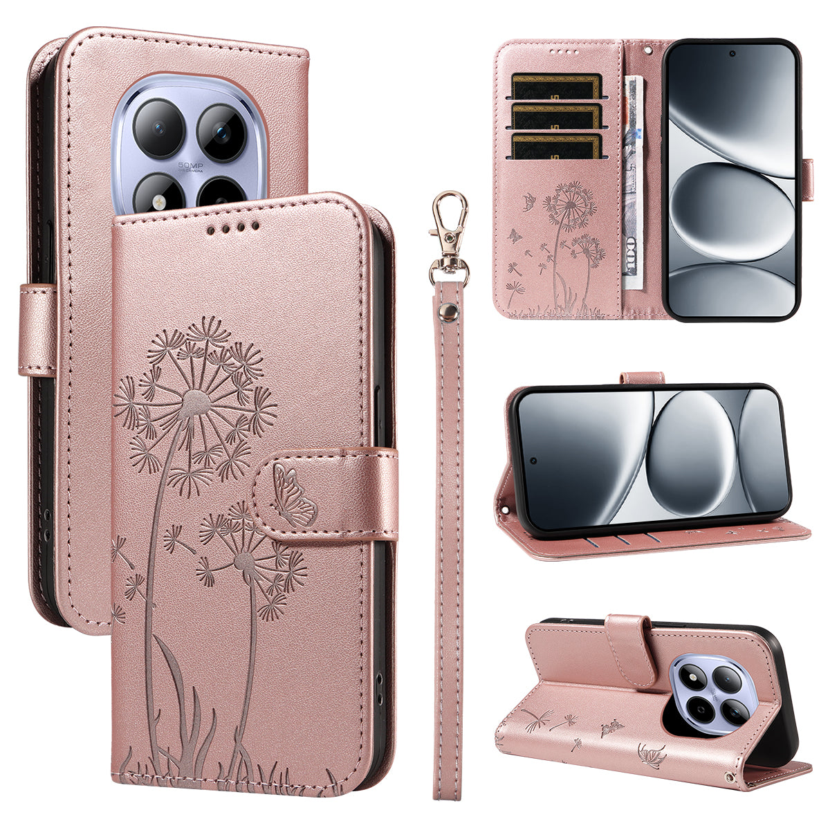 For Xiaomi Redmi Note 15 Pro 5G (Global) Leather Wallet Case with Strap Dandelion Imprint Phone Stand Cover - Rose Gold