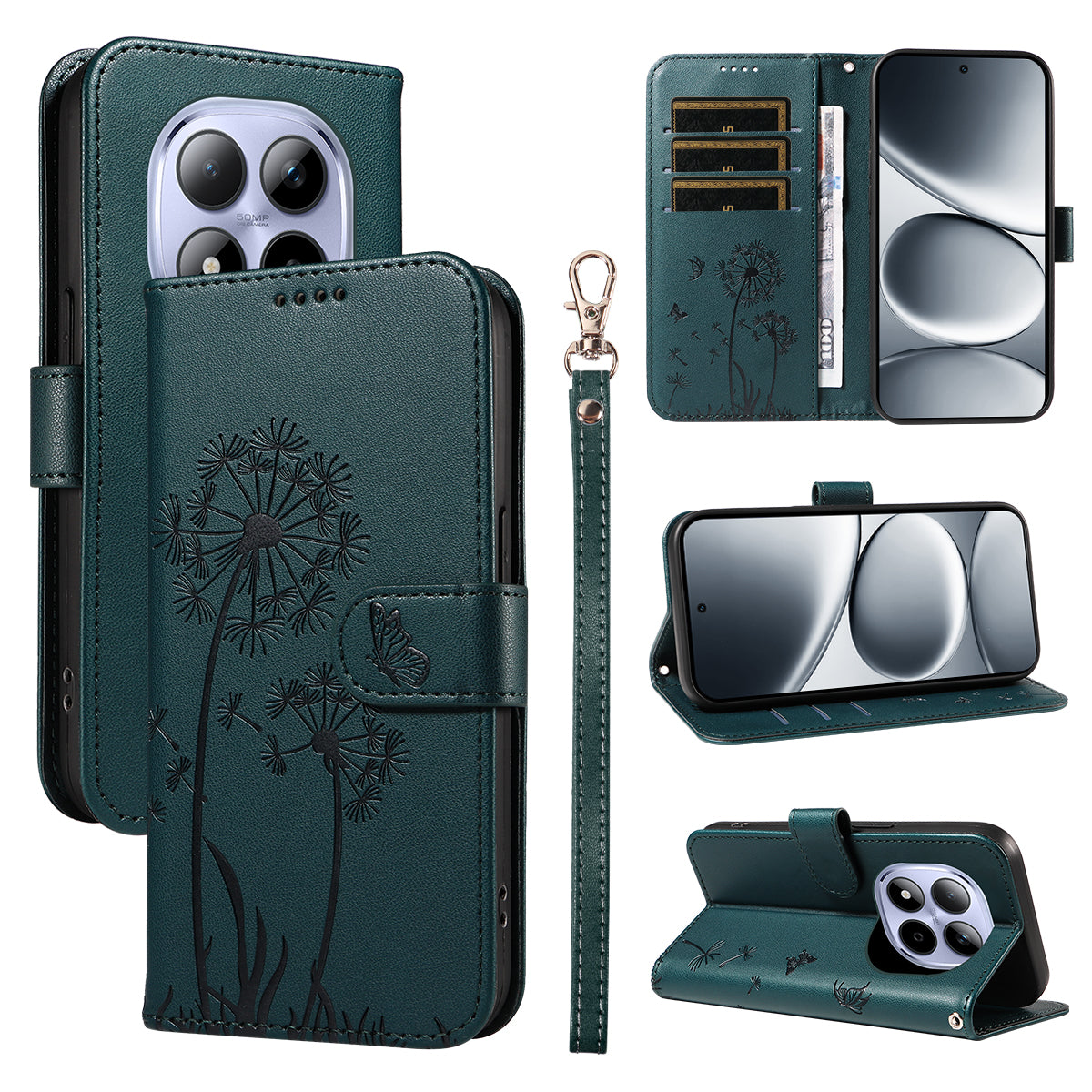 For Xiaomi Redmi Note 15 Pro 5G (Global) Leather Wallet Case with Strap Dandelion Imprint Phone Stand Cover - Blue