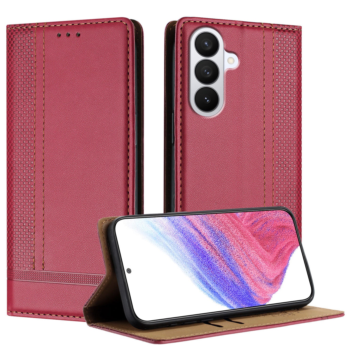 For-Samsung-Galaxy-S26-/-S26-Pro-Case-L-Shaped-Grid-Pattern-Leather-Stand-Phone-Cover-with-Card-Slots-Red