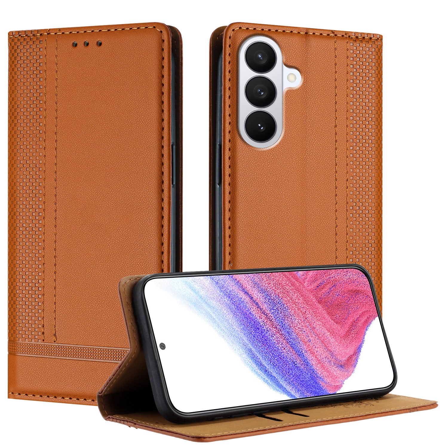 For-Samsung-Galaxy-S26-/-S26-Pro-Case-L-Shaped-Grid-Pattern-Leather-Stand-Phone-Cover-with-Card-Slots-Brown