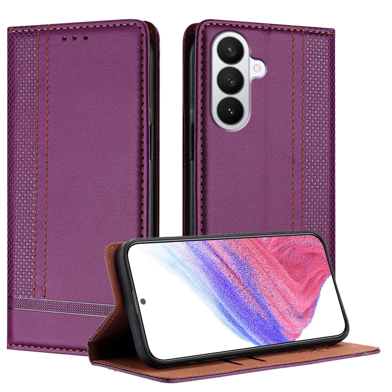 For-Samsung-Galaxy-S26-/-S26-Pro-Case-L-Shaped-Grid-Pattern-Leather-Stand-Phone-Cover-with-Card-Slots-Purple