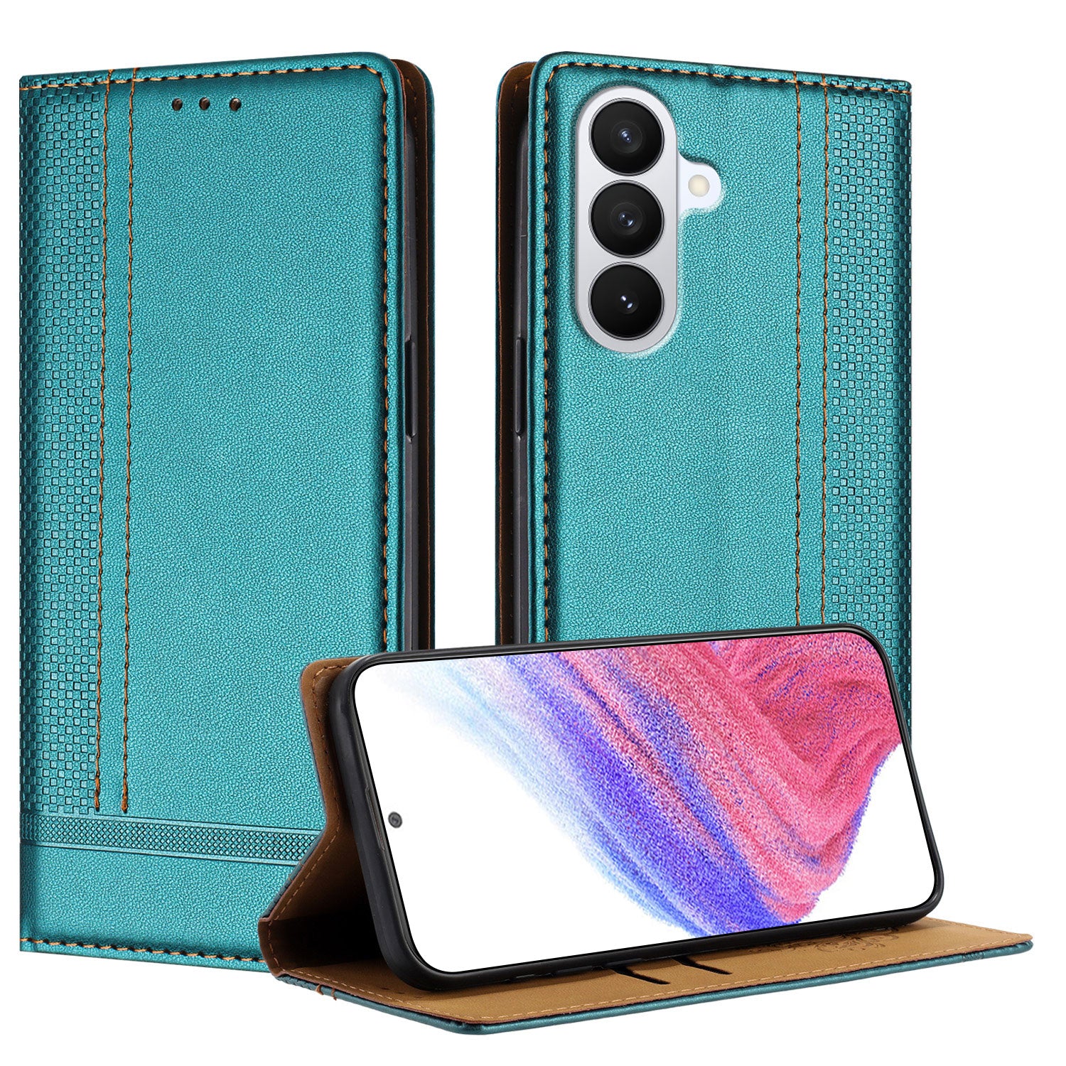For-Samsung-Galaxy-S26-/-S26-Pro-Case-L-Shaped-Grid-Pattern-Leather-Stand-Phone-Cover-with-Card-Slots-Green