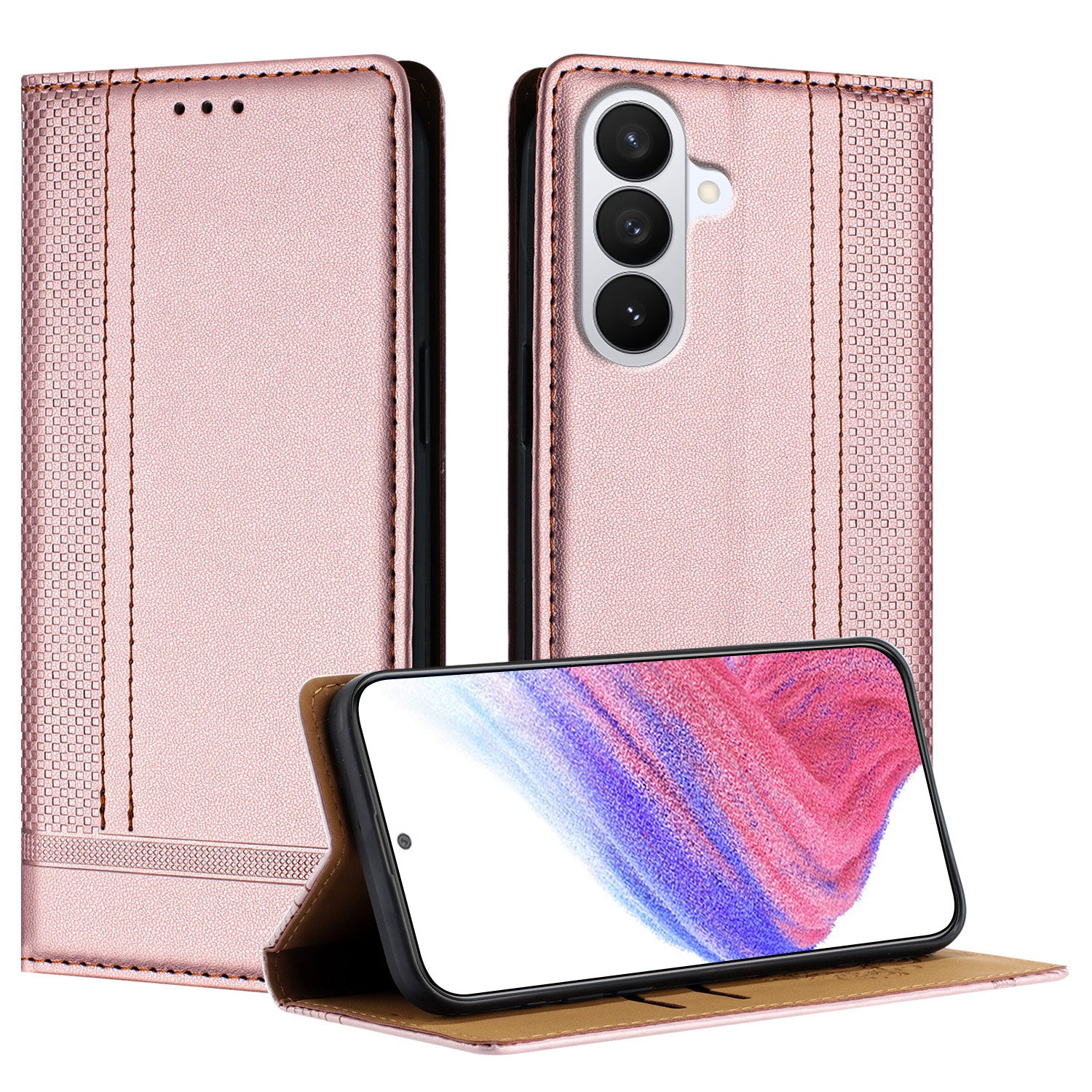 For-Samsung-Galaxy-S26-/-S26-Pro-Case-L-Shaped-Grid-Pattern-Leather-Stand-Phone-Cover-with-Card-Slots-Rose-Gold