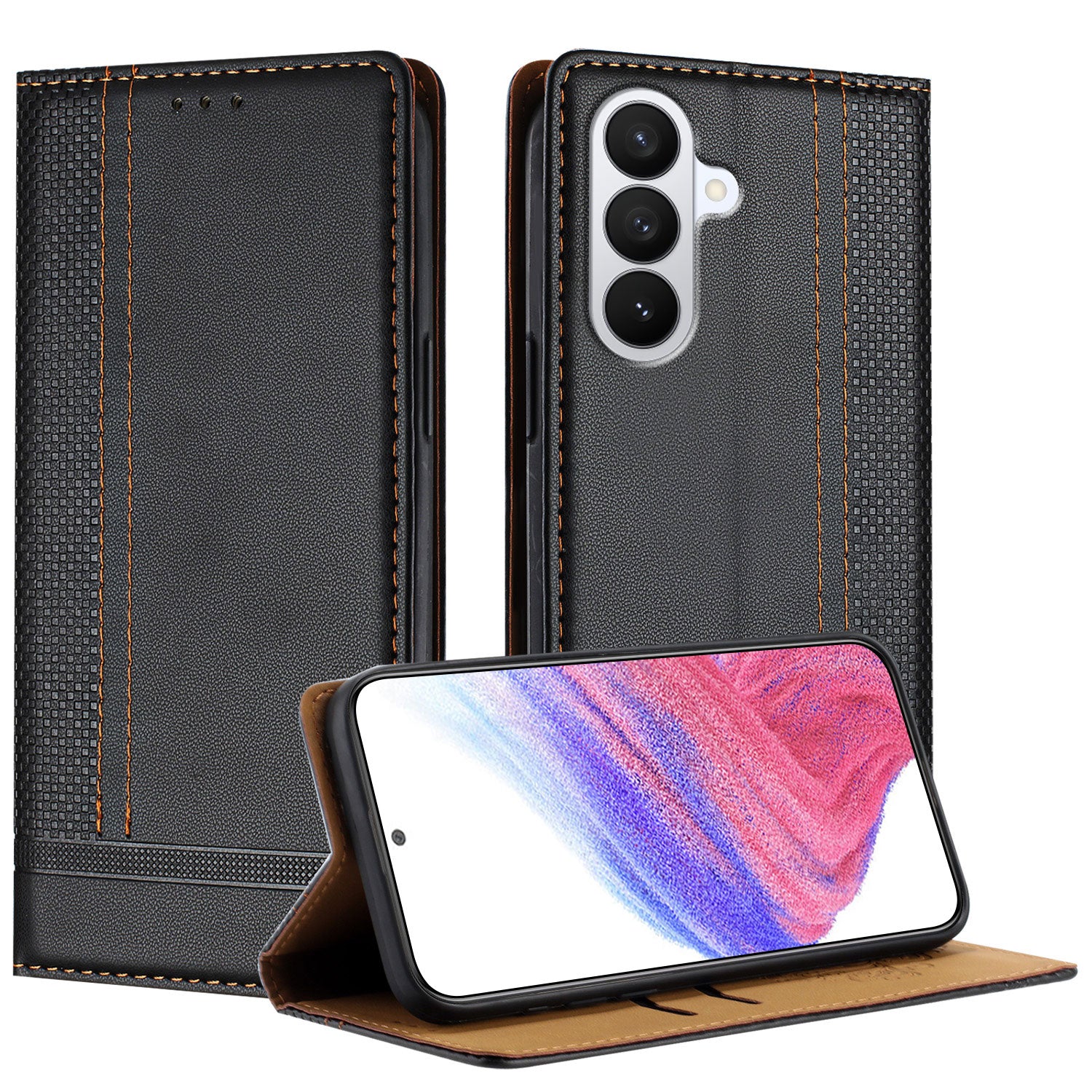 For-Samsung-Galaxy-S26-/-S26-Pro-Case-L-Shaped-Grid-Pattern-Leather-Stand-Phone-Cover-with-Card-Slots-Black