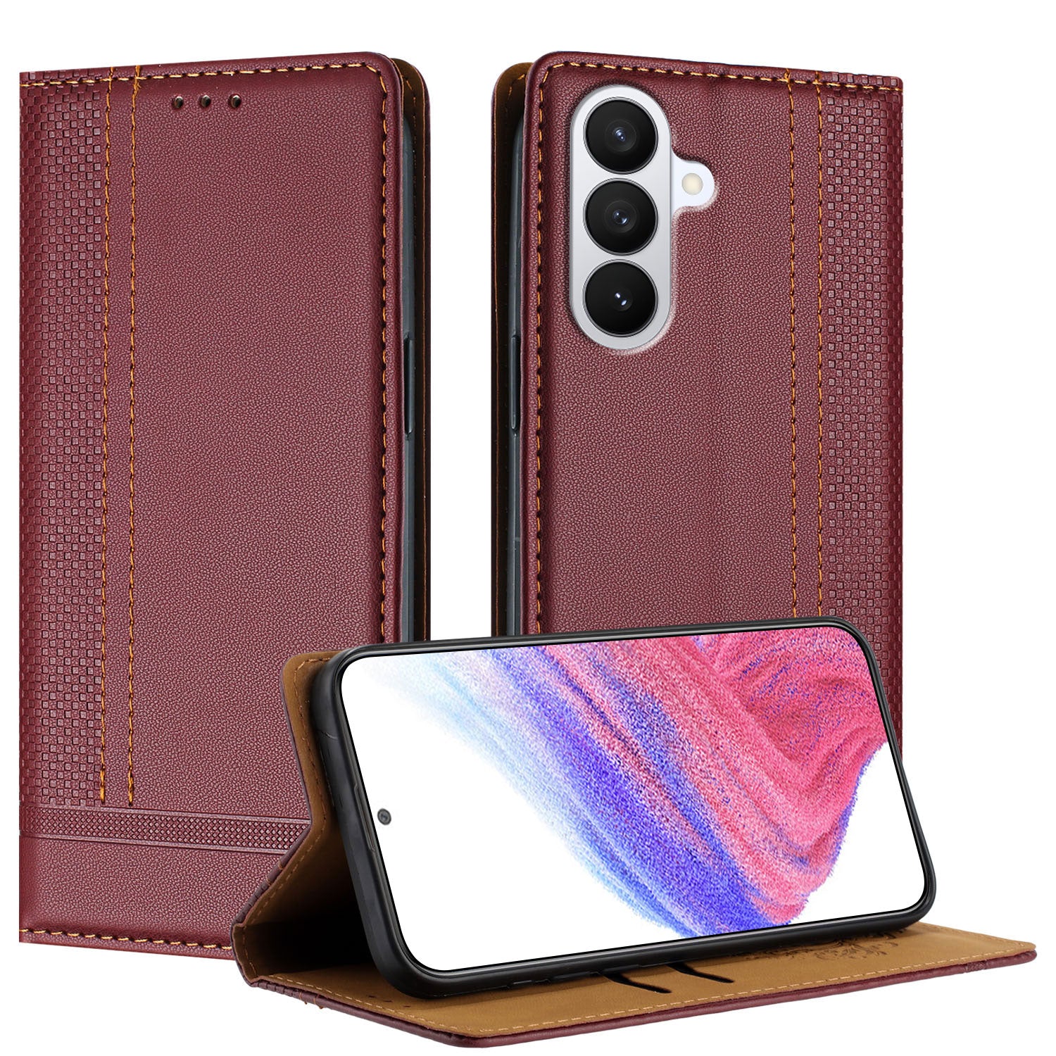 For-Samsung-Galaxy-S26-/-S26-Pro-Case-L-Shaped-Grid-Pattern-Leather-Stand-Phone-Cover-with-Card-Slots-Wine-Red