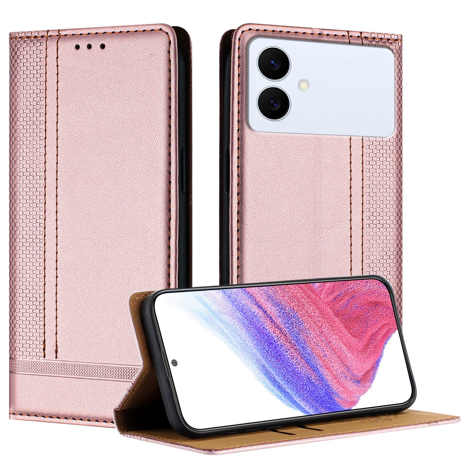 For-Samsung-Galaxy-S26-Edge-Case-L-Shaped-Grid-Pattern-Leather-Stand-Phone-Cover-with-Card-Slots-Rose-Gold