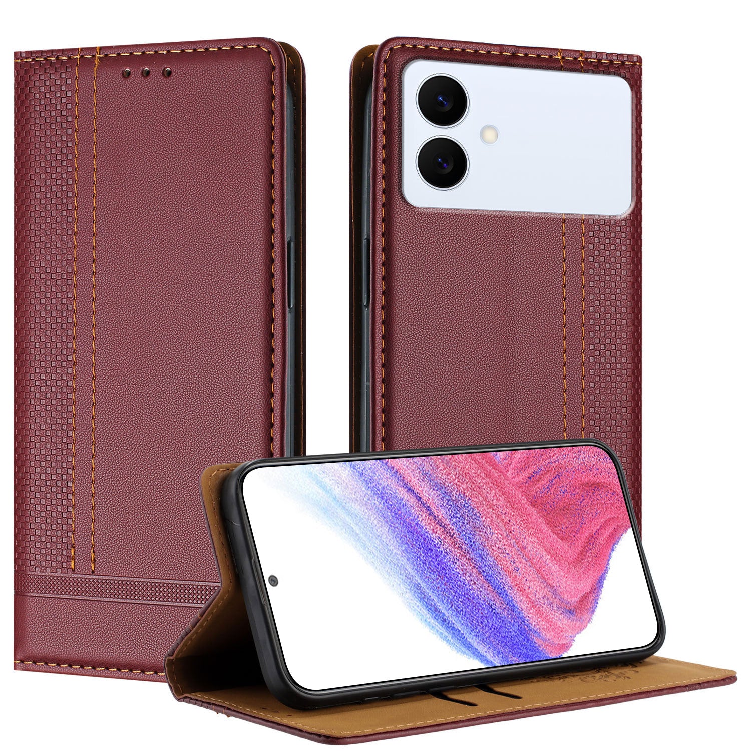 For-Samsung-Galaxy-S26-Edge-Case-L-Shaped-Grid-Pattern-Leather-Stand-Phone-Cover-with-Card-Slots-Wine-Red