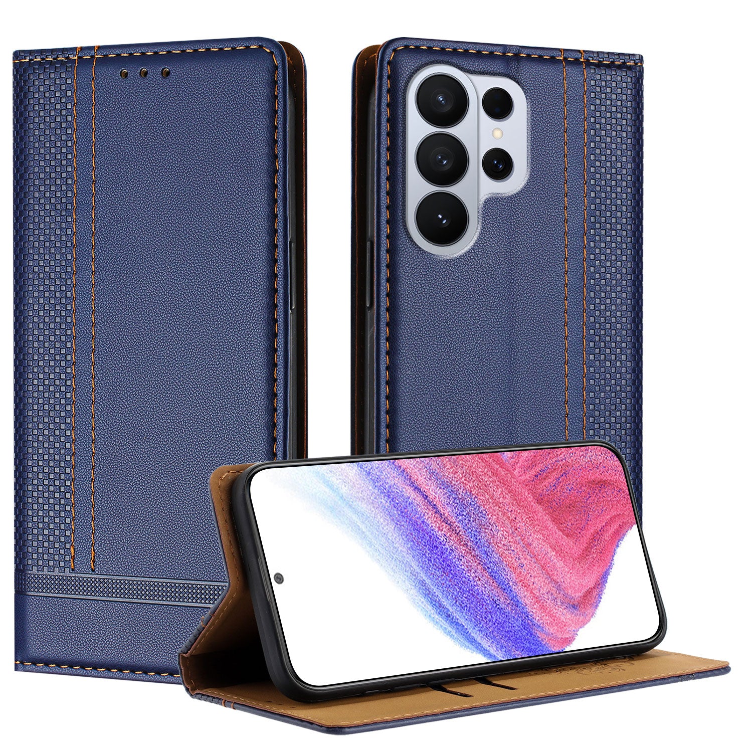 For-Samsung-Galaxy-S26-Ultra-Case-L-Shaped-Grid-Pattern-Leather-Stand-Phone-Cover-with-Card-Slots-Blue