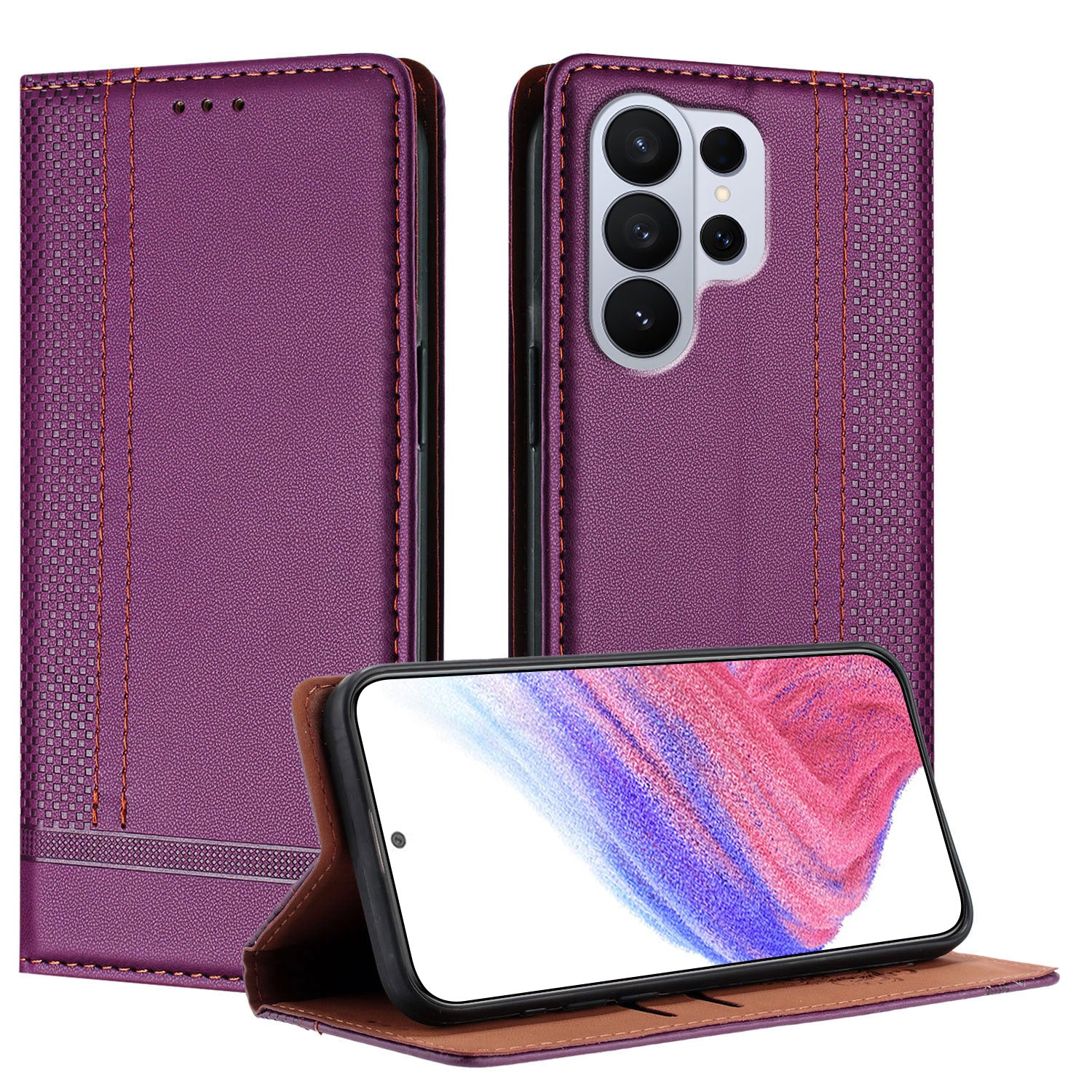 For-Samsung-Galaxy-S26-Ultra-Case-L-Shaped-Grid-Pattern-Leather-Stand-Phone-Cover-with-Card-Slots-Purple